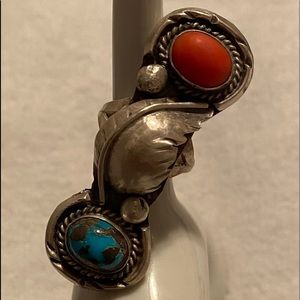 Turquoise and Coral in Silver Ring